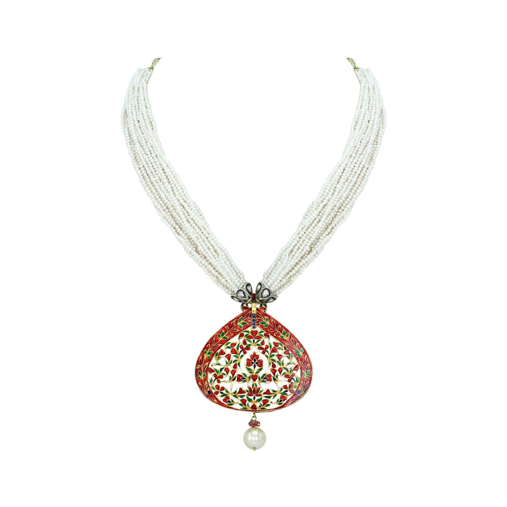 Polki Necklace Set with Green Enamel, Pearl Strands, and Drops